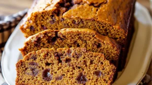 two slices of pumpkin bread on a plate with cinnamon sticks and an orange in the background