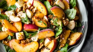 a white bowl filled with salad topped with peaches and feta cheese on top