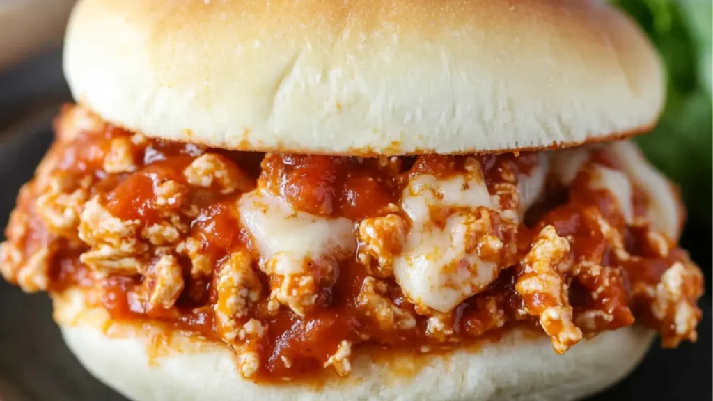 chicken parmesan sloppy joes on a white plate with text overlay that reads chicken parmesan sloppy joes