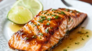 honey glazed salmon in a pan with text overlay