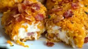 cream cheese and bacon stuffed burritos on a white plate with text overlay
