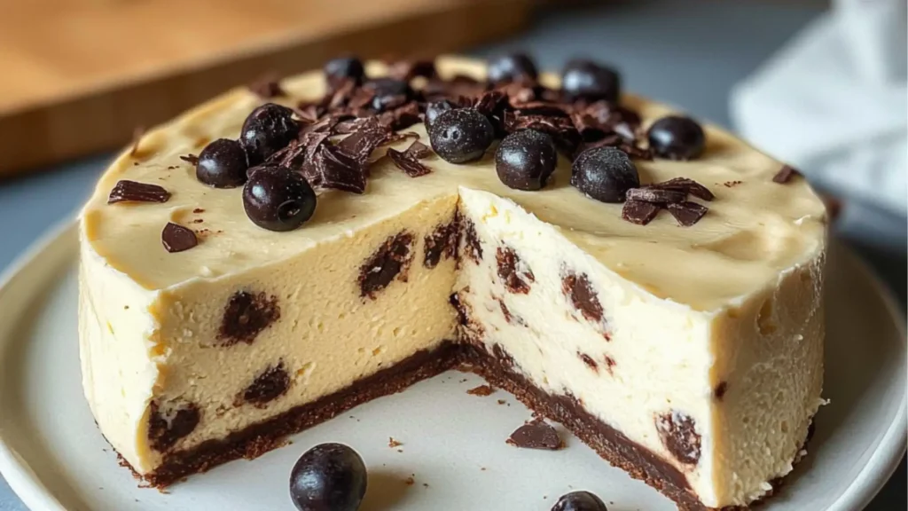 high protein cheesecake with chocolate chips on top and in the middle, is ready to be eaten