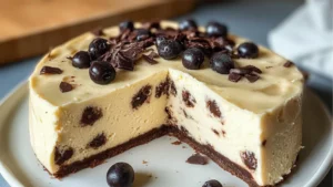 high protein cheesecake with chocolate chips on top and in the middle, is ready to be eaten