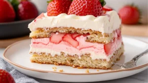 a cake with pink frosting and strawberries on the side