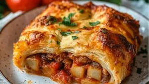 a casserole dish with meat and cheese in it