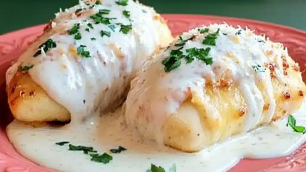 chicken parmesan sauce is being drizzled over the top of an appetizer
