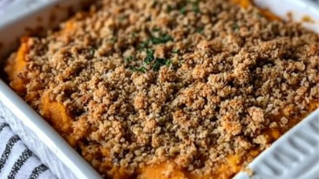 this sweet potato crumble is ready to be eaten with ice cream in the middle
