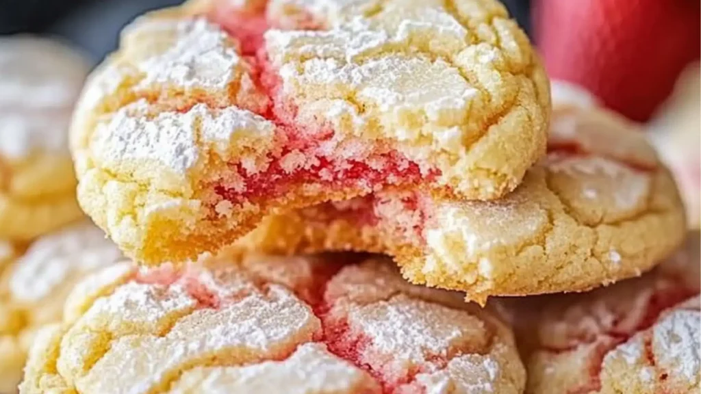 some pink and yellow cookies are on a white plate with powdered sugar around them