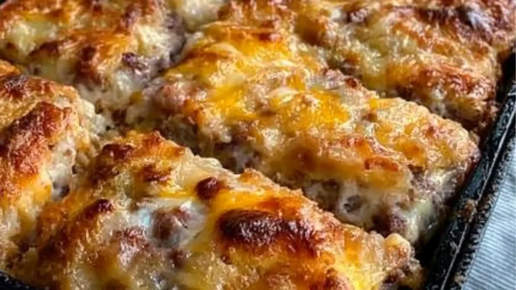 sausage, egg and cream cheese hashbrown casserole in a white dish