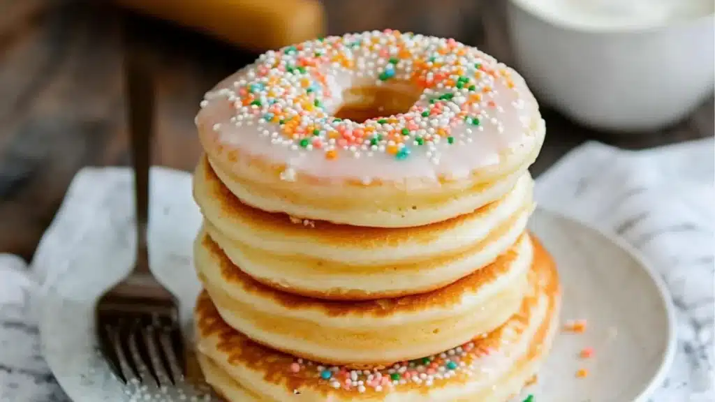 six donuts with sprinkles in a muffin tin and the words how to make pancake biscuits that kids will love
