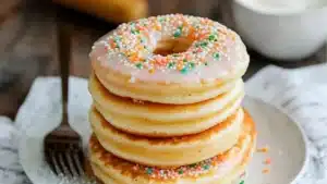 six donuts with sprinkles in a muffin tin and the words how to make pancake biscuits that kids will love
