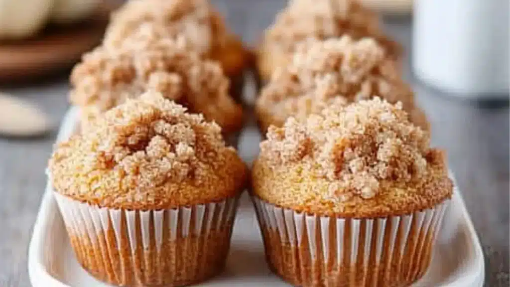 pumpkin streusel muffins are stacked on top of each other