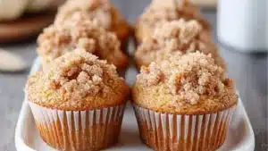 pumpkin streusel muffins are stacked on top of each other