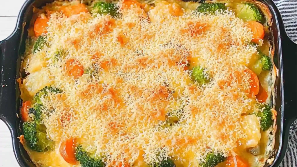 cheddar vegetable gratin in a white casserole dish