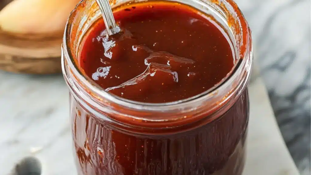 homemade rhubarb barbecue sauce in a jar with spoon