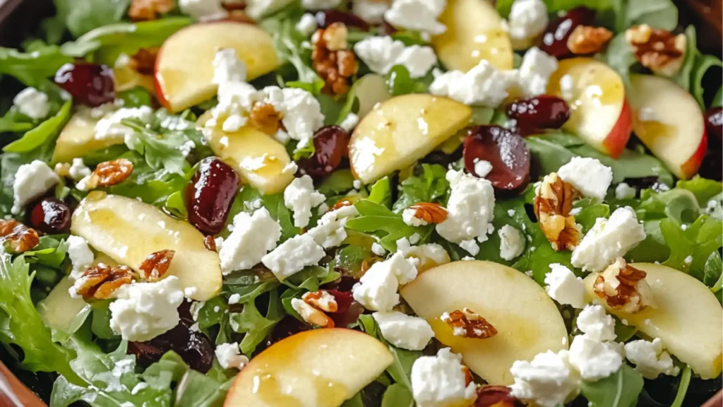 a salad with apples, cheese and pecans on top is shown in two different pictures