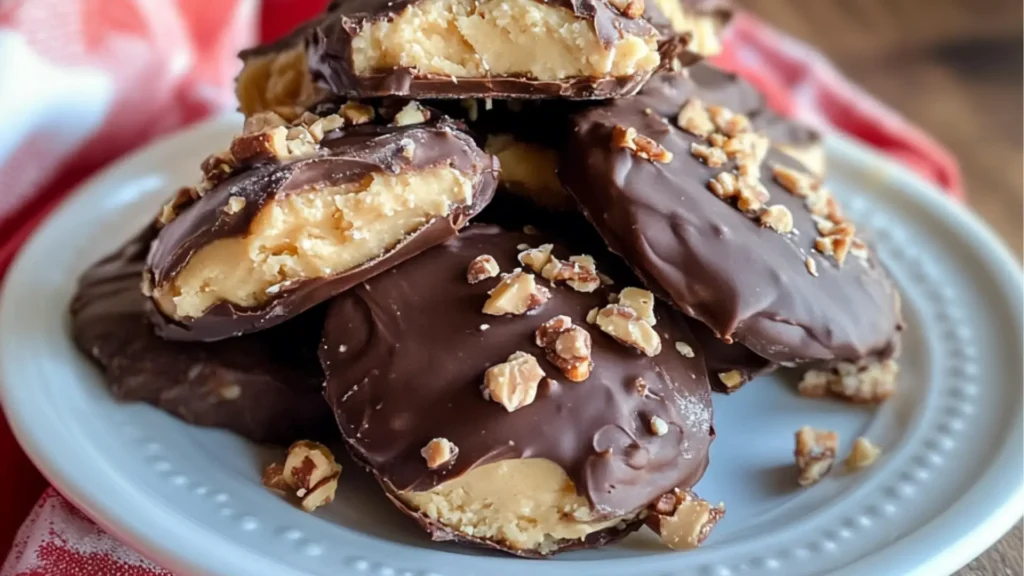frozen greek yogurt peanut butter bites on a white plate with chocolate chips in the middle