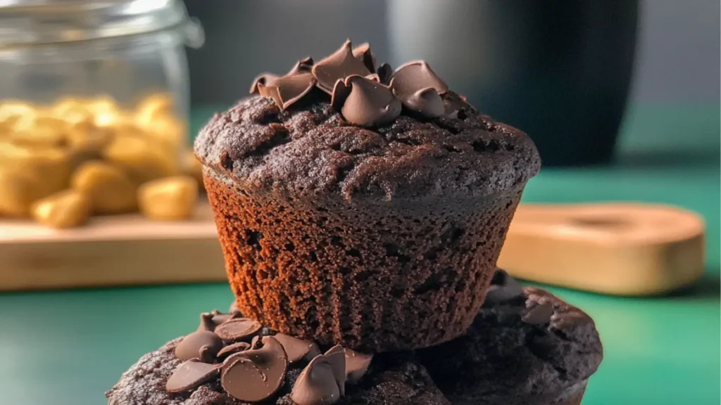 chocolate muffins with banana slices and spinach leaves in the middle are shown