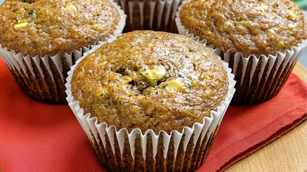 banana zucchini muffins recipe on a white plate with text overlay
