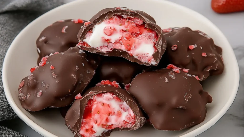 healthy strawberry chocolate clusters with text overlay