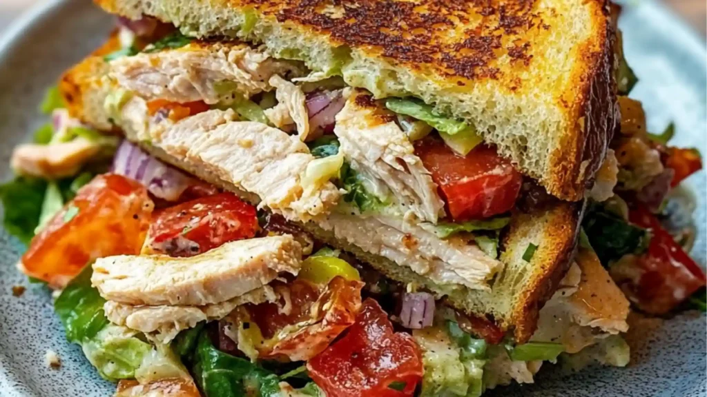 a chicken salad on a blue and white plate with the words, blt chicken salad