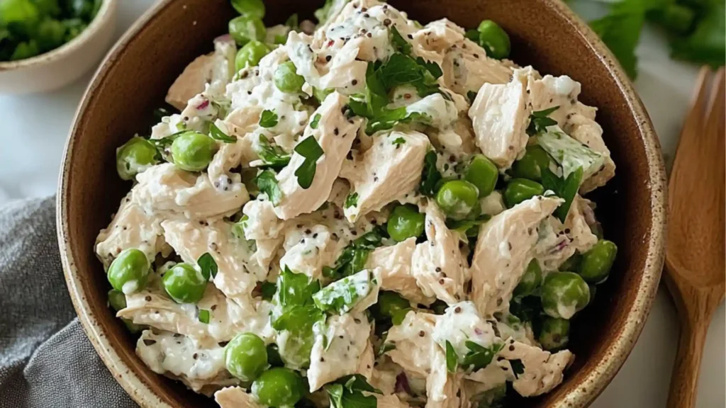 a white plate topped with chicken salad on top of a pink towel