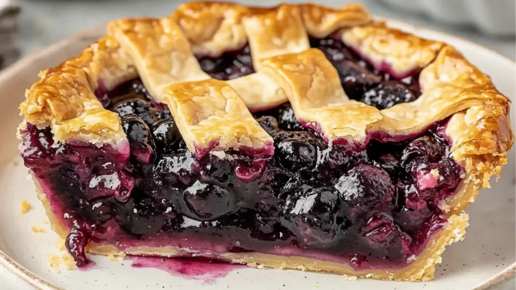 a close up of a pie with the words easy and delicious huckleberry pie