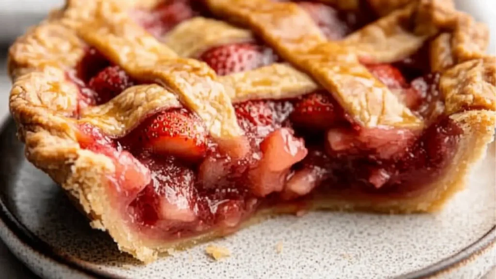 fresh strawberry rhubarb pie on a plate with strawberries