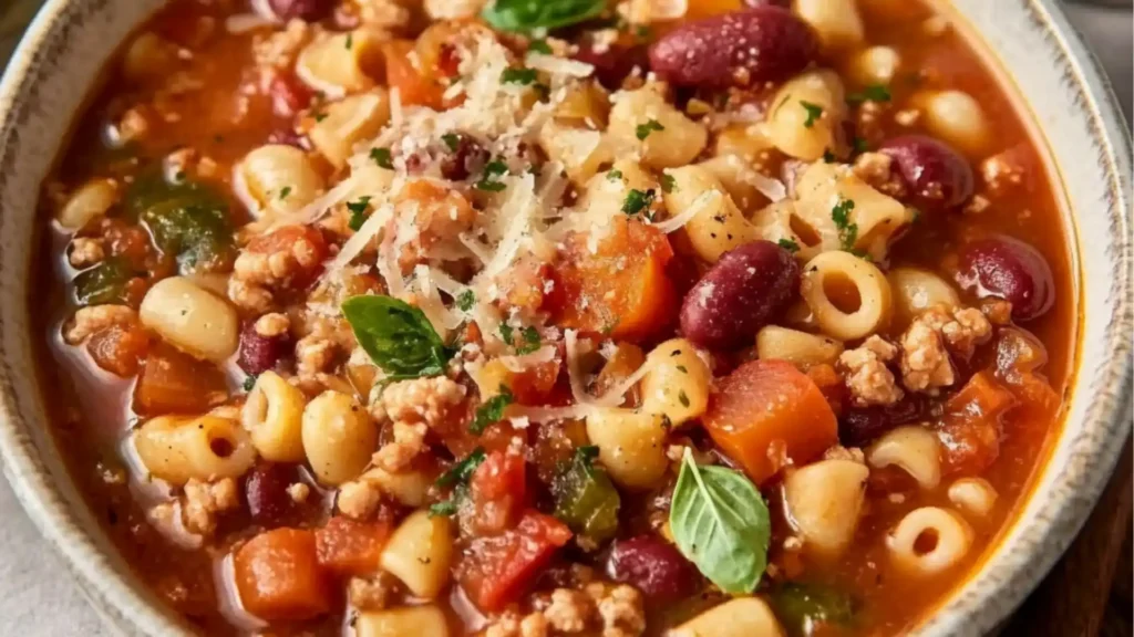 closeup of soup with text overlay that reads olive garden pasta e fagioli recipe