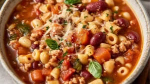 closeup of soup with text overlay that reads olive garden pasta e fagioli recipe