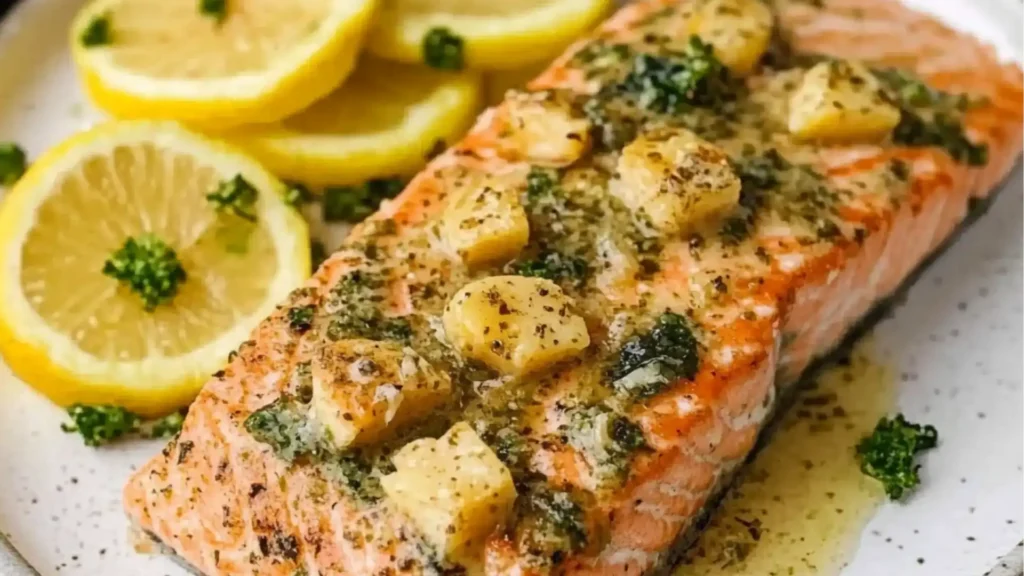 garlic butter baked salmon recipe with asparagus and broccoli on the side