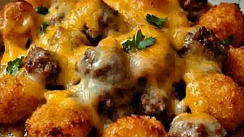 an easy cheesy meatball tater tot casserole recipe