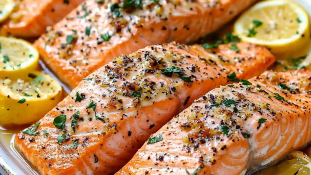 baked salmon with lemons and parsley on the side