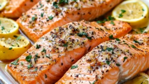 baked salmon with lemons and parsley on the side