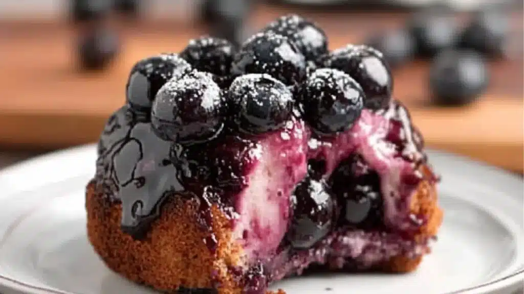 blueberry baked up on a white plate with text overlay that reads, blueberry baked up 3 ingredient recipe