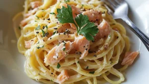 two plates with smoked salmon and parmesan sauce