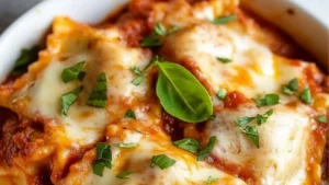 the crockpot ravioli lasagna is ready to be eaten