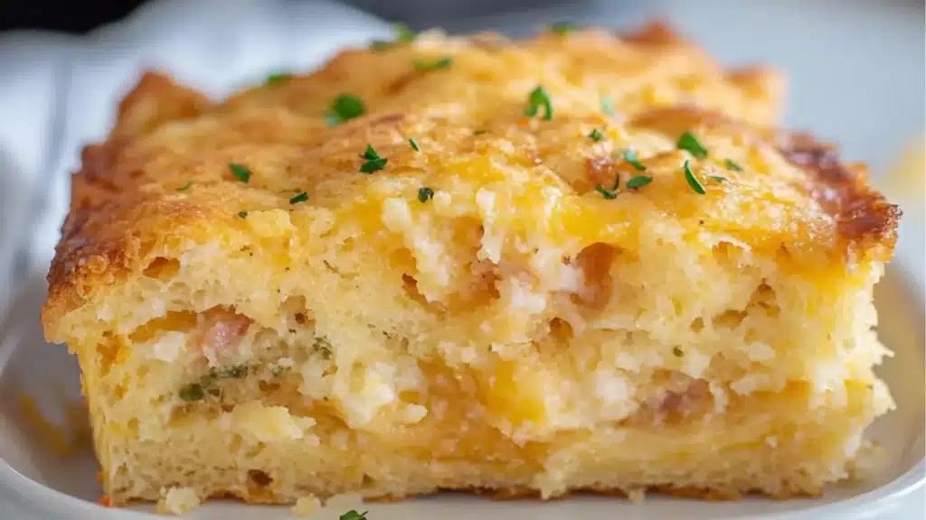 cheddar bay biscuit egg breakfast casserole in a white baking dish