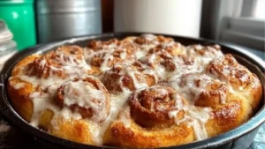 a white plate topped with cinnamon roll covered in icing