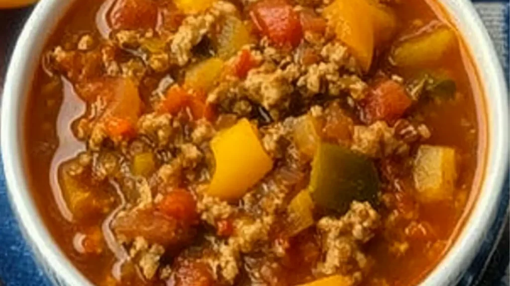 two bowls of stuffed peppers soup with spoons in them and the title above it reads stuffed peppers soup