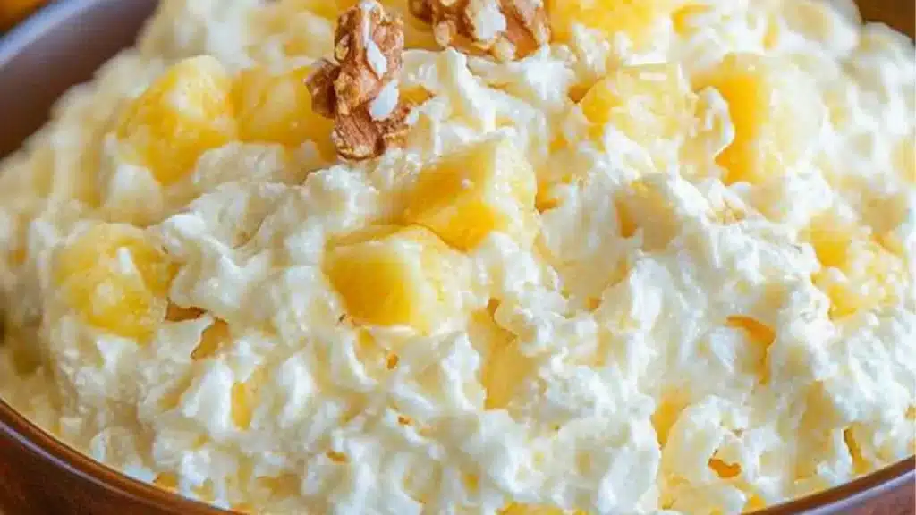 bowl filled with pineapple coconut fluff and topped with cherries on top