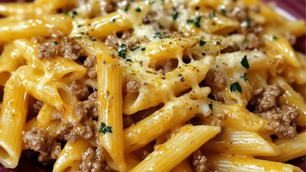 cheesy penne pasta, garlic butter ground beef recipe, creamy penne with beef, easy cheesy pasta dinner, ground beef penne casserole, homemade cheesy penne