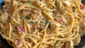 slow cooker chicken spaghetti in a crock pot with text overlay that reads slow cooker chicken spaghetti