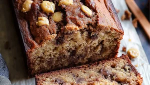 sliced banana bread on a cutting board with text overlay that reads reese's peanut butter banana bread