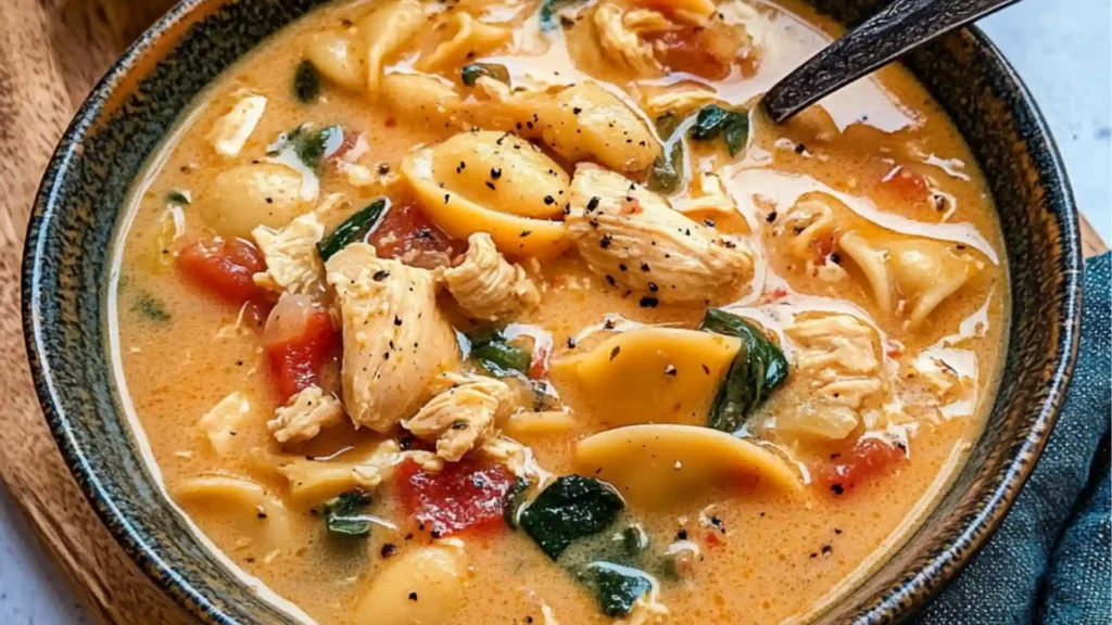 creamy mary mee chicken soup in a bowl with bread on the side and text overlay that reads tuscan style mouth - watering creamy mary mee chicken soup