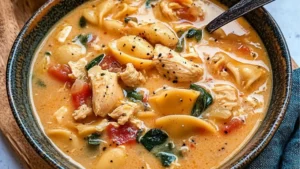 creamy mary mee chicken soup in a bowl with bread on the side and text overlay that reads tuscan style mouth - watering creamy mary mee chicken soup