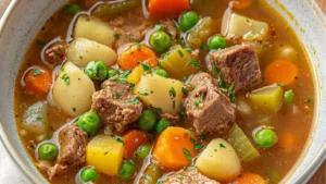 two bowls of crockpot beef vegetable soup with spoons in them and the title above it