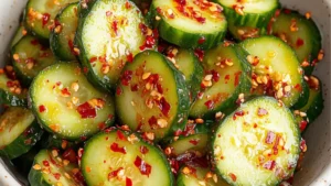 two pictures with the words tiktok and cucumber salad
