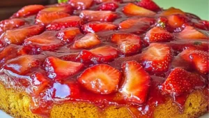 strawberry upside down cake on a white plate with the words, strawberry upside down cake