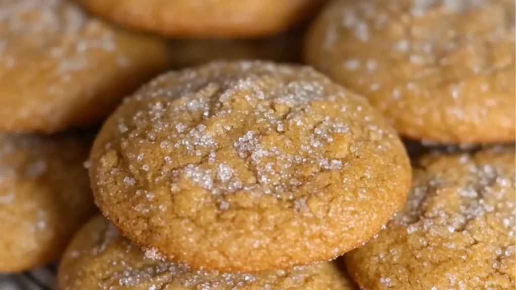 three cookies stacked on top of each other with flecks of sugar all over them